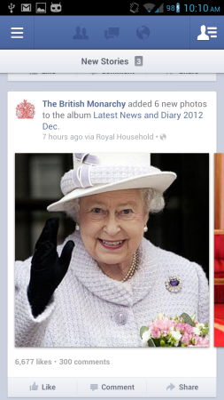 The new Facebook application, showing the 'new story' banner