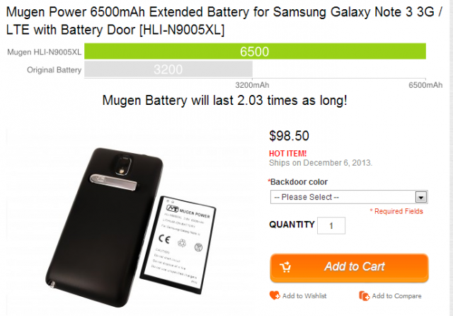 Mugen Power 6500mAh Extended Battery for Samsung Galaxy Note 3 3G   LTE with Battery Door