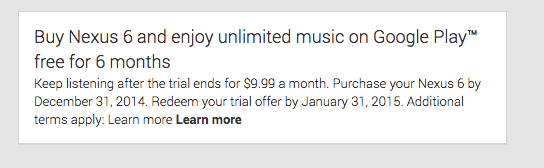 Google Play Music - Nexus 6 Offer