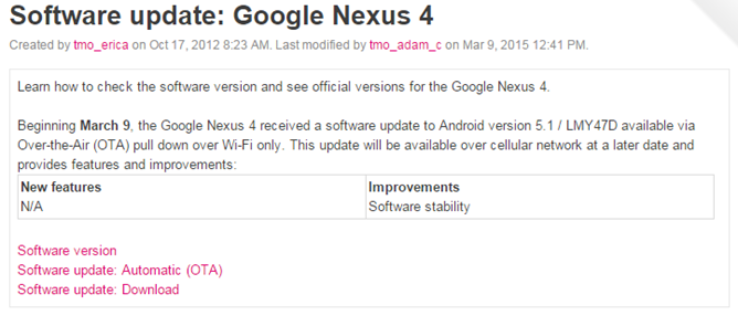 Nexus 4 - TMobile Support docs