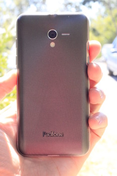 The rear of the PadFone, showing camera, flash, speaker grille and logos