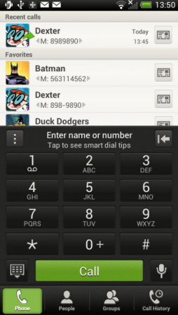 Sense 4's dialer. Note the navigation tabs at the bottom of the screen.