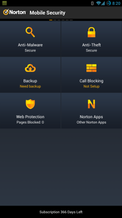 Norton Mobile Security menu