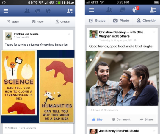 As you can see, the Facebook application for Android (left) is identical to its iOS counterpart (right)