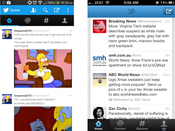 Twitter's Android (left) and iPhone (right) applications