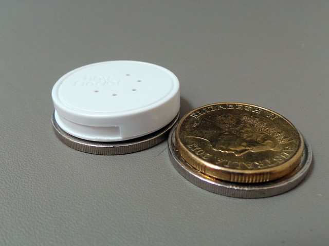 TinyFinder is about the size of a couple of 20 cent / dollar coins.