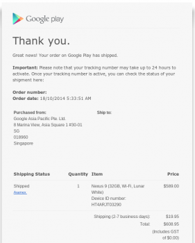 Nexus 9 Shipping Confirmation