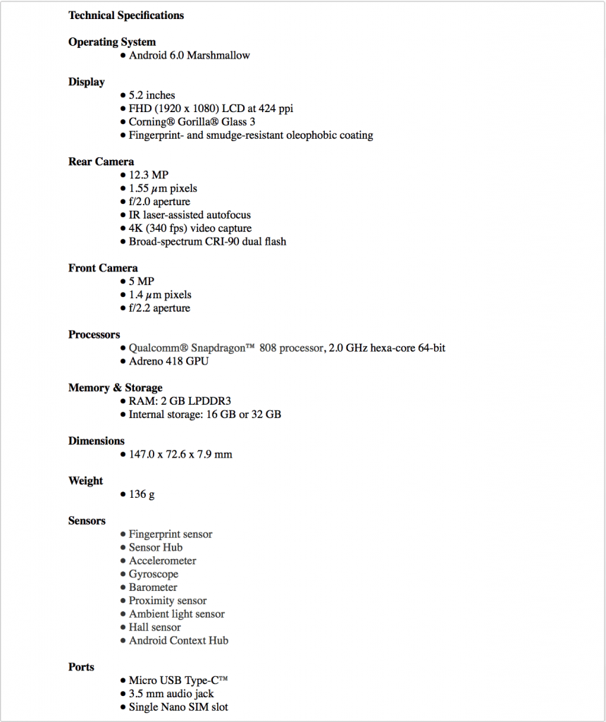 Nexus 5x specs