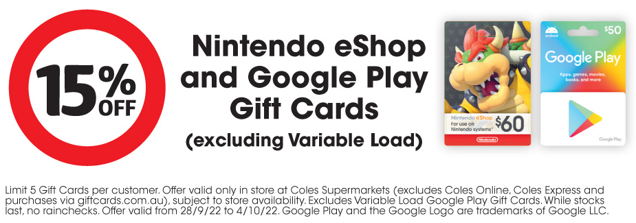 Get Nintendo eShop cards 28th Coles - at with Play Google gift off Sept Ausdroid and from 15