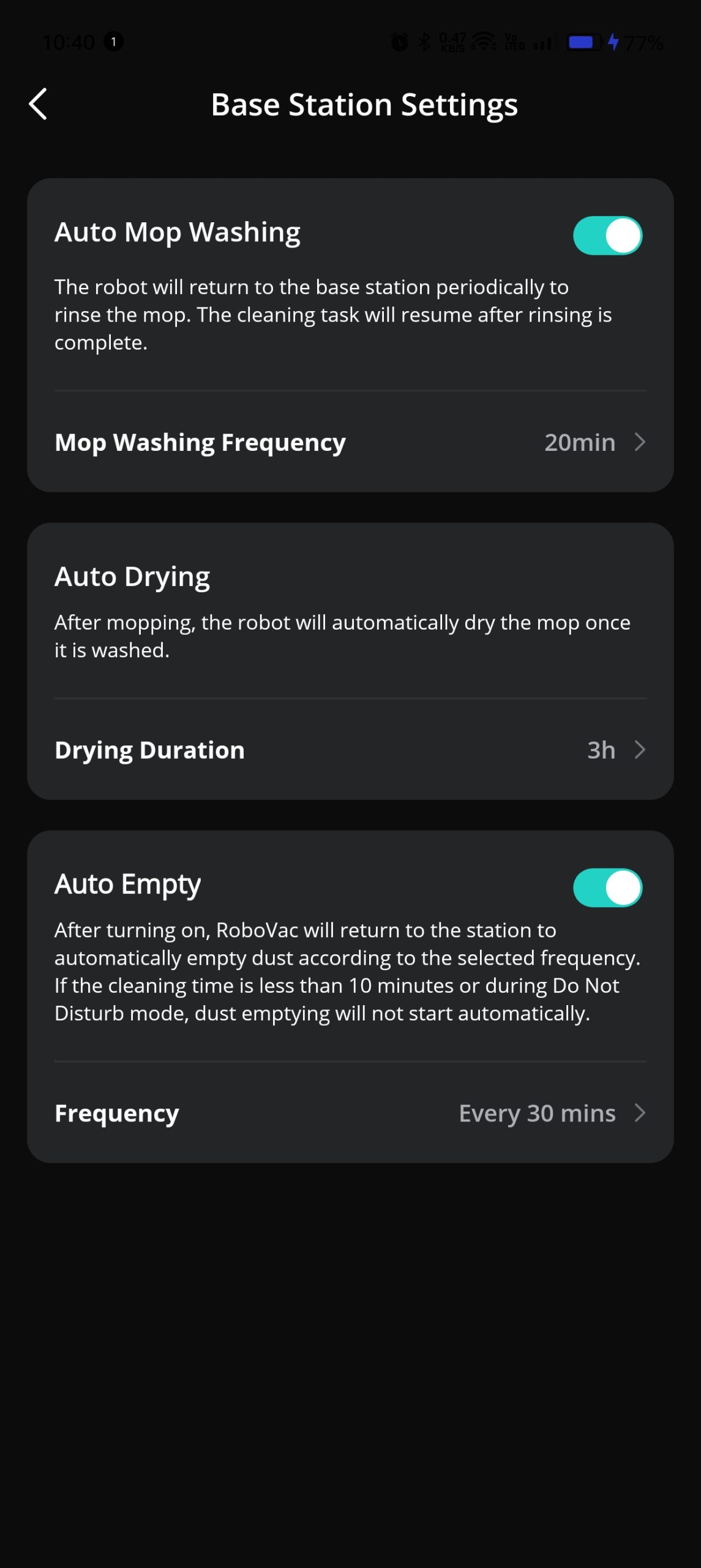 Settings of self-cleaning