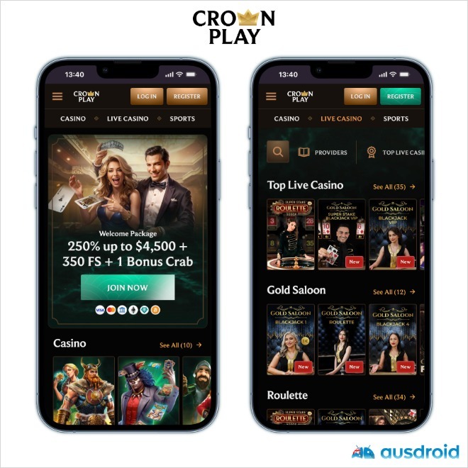 phone screenshots showing crownplay