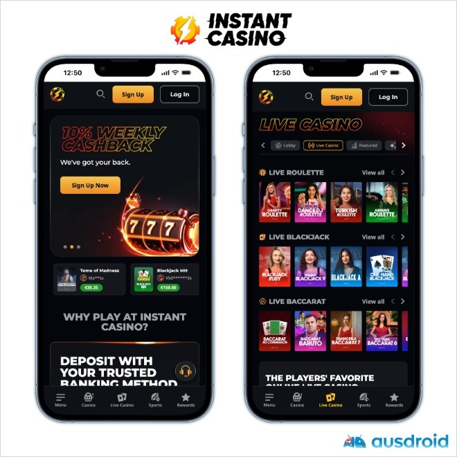 phones showing screenshots of instant casino
