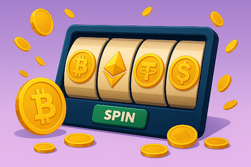 image showing a slot machine with crypto symbols and money coming off it