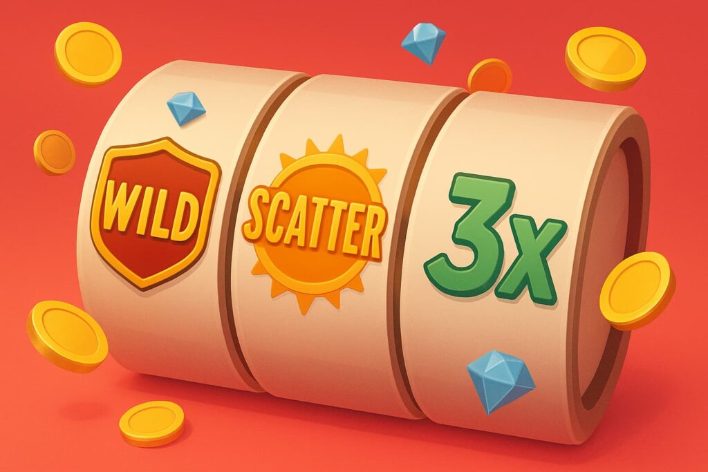 graphic showing 3 reels with a wild, scatter and 3x symbol