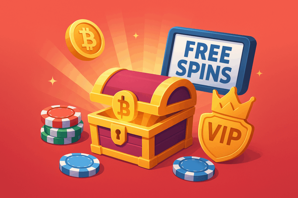 graphic showing gold chest surrounded by winnings from casinos and bonuses like free spins