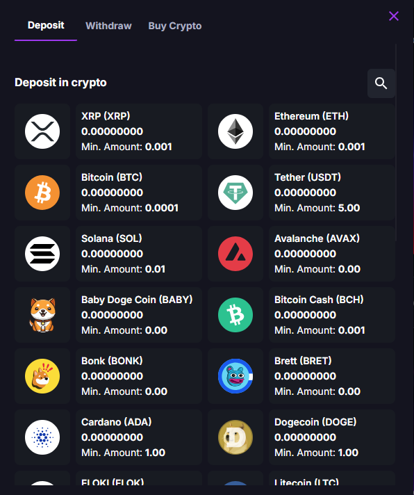 screenshot showing deposit in crypto methods