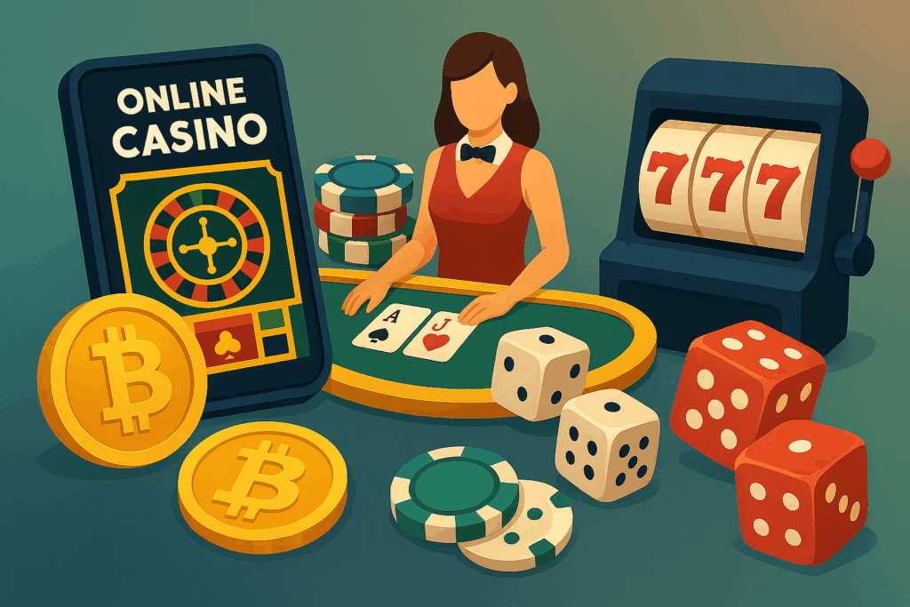 graphic showing a casino dealer surrounded by lots of symbols from different casino games 