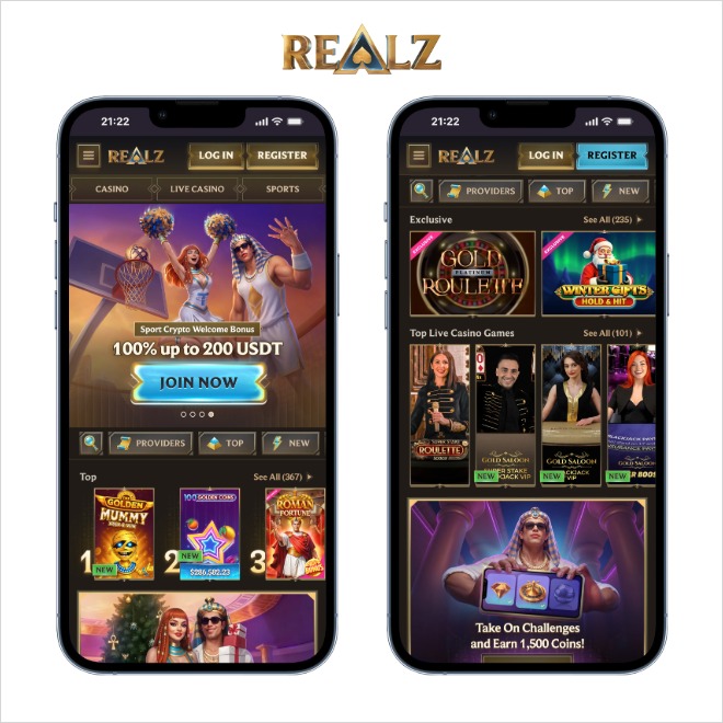screenshot of realz casino on two mobiles on a white background