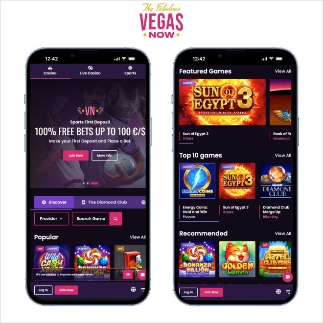 vegas now screenshot on mobiles on a white background